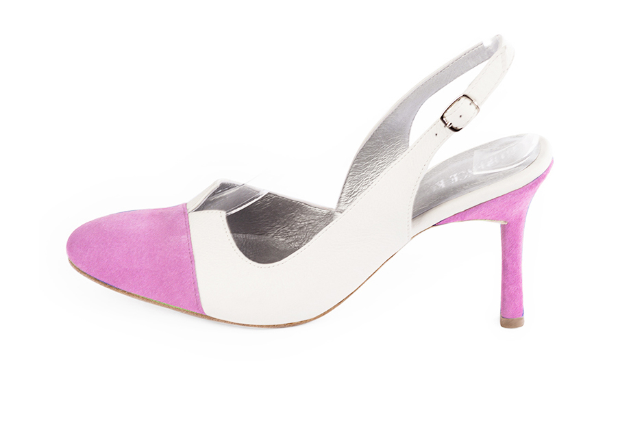Women's mauve purple and off white elegant slingback heels. Round toe. High slim heel - Profile view